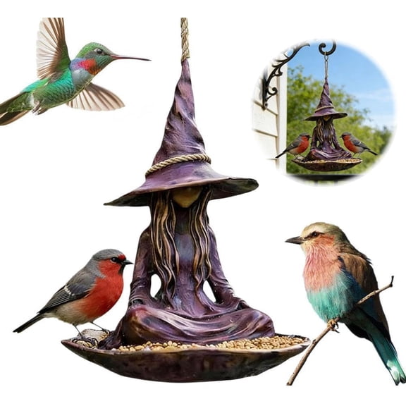 Meditating Witch Garden Bird Feeder, Purple Resin Witch Hat Hanging Feeder with Rope, Weather Resistant Outdoor Yard Patio Decor, Unique Gift for Bird Lovers