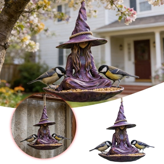 Meditating Witch Shaped Outdoor Bird Feeder, Resin Hanging Bird Feeder with Tray, Decorative Garden Bird Feeder for Finches, Robins, Sparrows, All-Season Birdwatching Accessory (Purple)