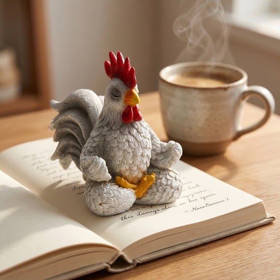 Meditating Yoga Chicken Statue, Resin Rooster Figurine for Farmhouse Home & Desk Decor