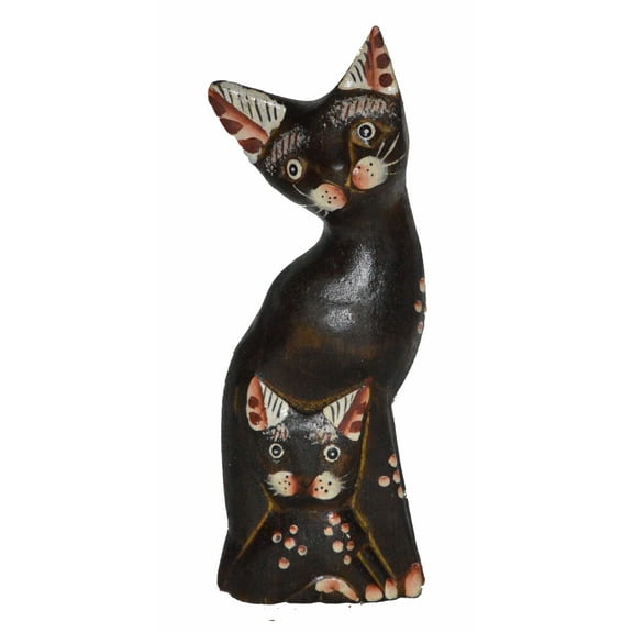 Meditating Yoga Mom and Baby Kitty Statue Hand Painted Carved Wood Praying Cat Kitten Siamese