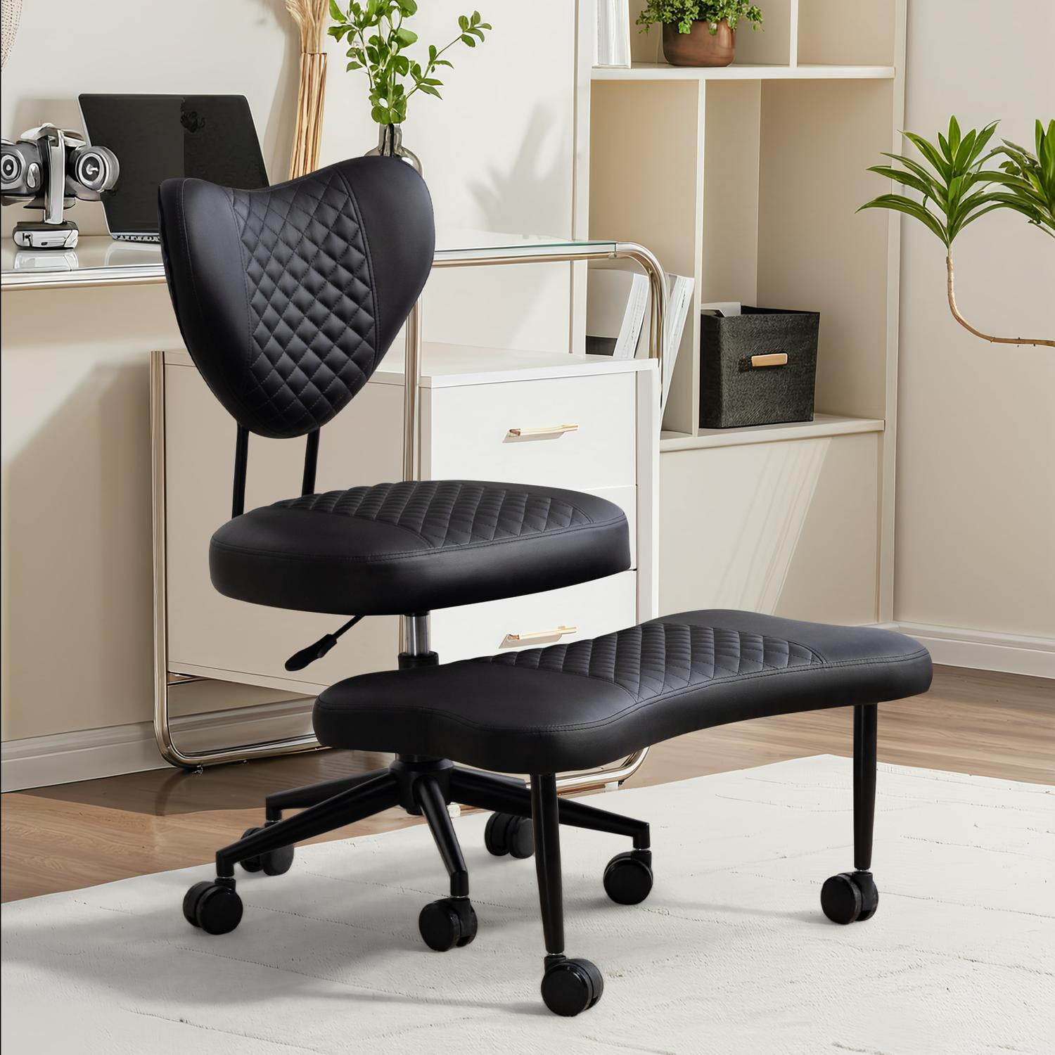 Meditation Chair, Ergonomic Cross Legged Seating Chair with Lumbar Support and Height Adjustable Seat Cushion, Kneeling Chair with 360-Degree Swivel Casters for Office or Yoga, PU Leather, Black