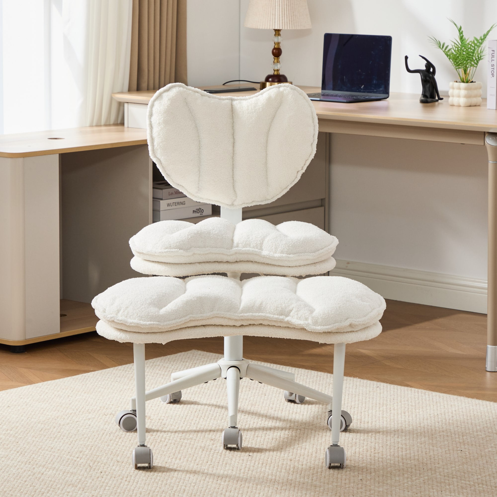 Meditation Chair Plus, Teddy Fleece Double-Layer Padding Cross Legged Rolling Chair for ADHD, Criss Cross Desk Chair with Lumbar Support, Adjustable Stool, Flexible for Fidgety Sitters, Ivory