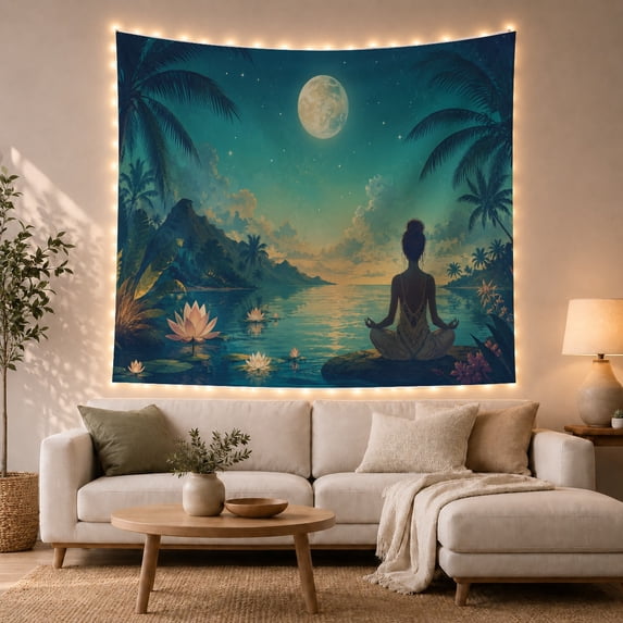 Meditation Figure on Rocky Outcrop in Moonlit Lotus Pond, Dreamy Illustration for Yoga Lovers, Spiritual Wellness Wall Decor Housewarming Gift Tapestry Wall Hanging for Bedroom and Living Room
