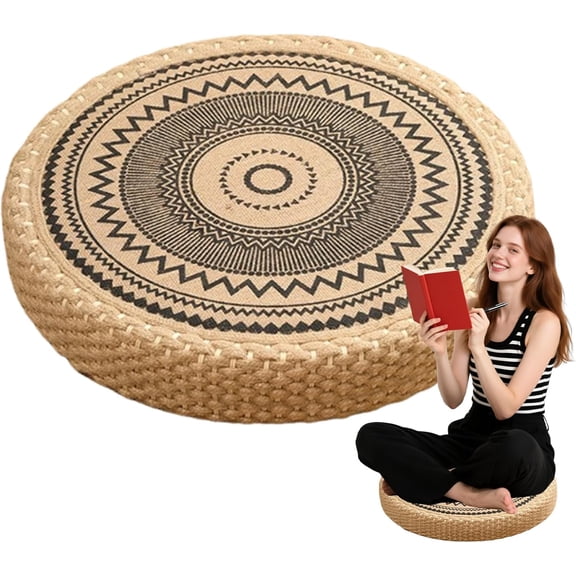 Meditation Floor Cushion - Round Padded Seat Cushion, Boho Decor Washable Furniture Mat, Handmade Jute Cotton Accent | Washable Furniture Mat,for Balcony Outdoor Tea Room Fireplace