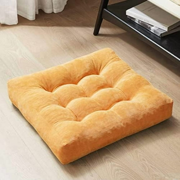 Meditation Floor Pillow, Square Large Pillows Seating for Adults, Tufted Corduroy Cushion for Living Room Tatami, Orange Yellow 22x22 Inch