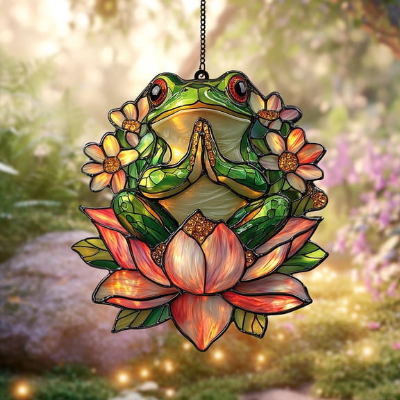 Meditation Frog Acrylic Suncatcher – Acrylic Window Panel with Lotus Blossom and Flowers, Whimsical Yoga Gift for Frog Lovers