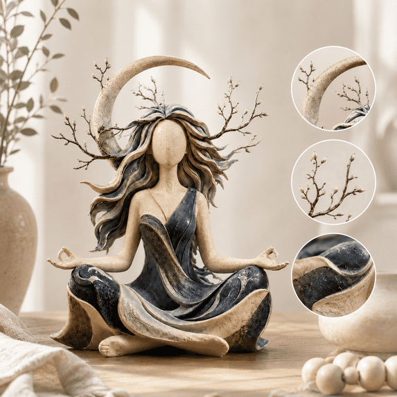 Meditation Goddess Statue, Crescent Moon & Golden Sun Resin Figurine, Serenity Inner Harmony Sculpture, Zen Yoga Shelf Decor for Bedroom Meditation Room Home Office