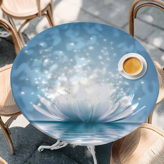 Meditation Lotus Flower Round Fitted Tablecloth with Elastic Edge,Waterproof Table Cloth Fits Tables Up to 36"-44",Wipeable Washable Table Cover for Indoor Outdoor Dinning Party,Asian Zen Spiritual
