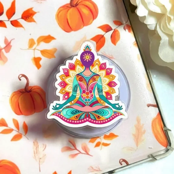 Meditation Lotus Mandala Magnetic Phone Grip Colorful Yoga Pose Design, Spiritual Boho Aesthetic