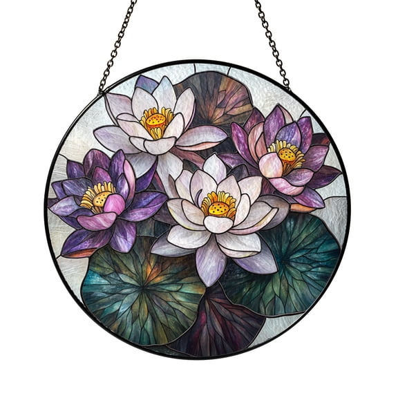 Meditation Lotus Stained Glass Suncatcher, Botanical Cluster Panel, Spa Accent Gift