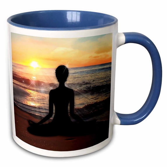 3drose, Meditation on the Beach Yoga Woman in Lotus Position at Sunset, 15oz Two-tone Blue Mug