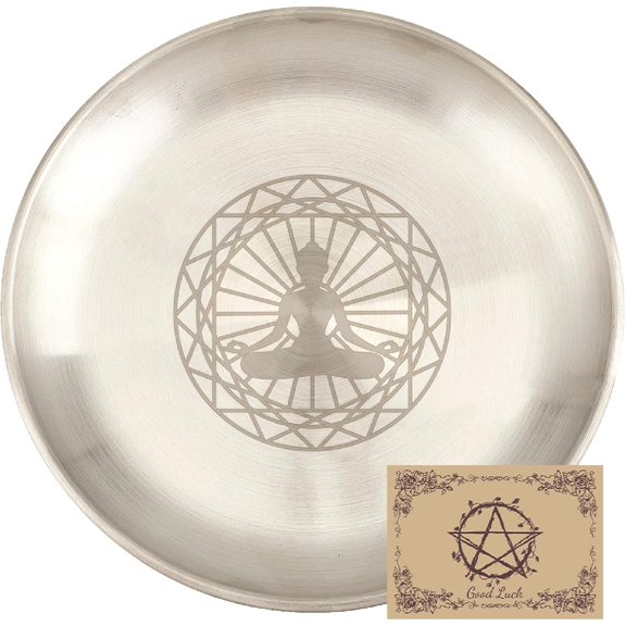 Meditation Ritual Plate Stainless Steel Offering Bowl Flat Round Tray Offering Bowl Holder with Divination Card Jewelry Dish