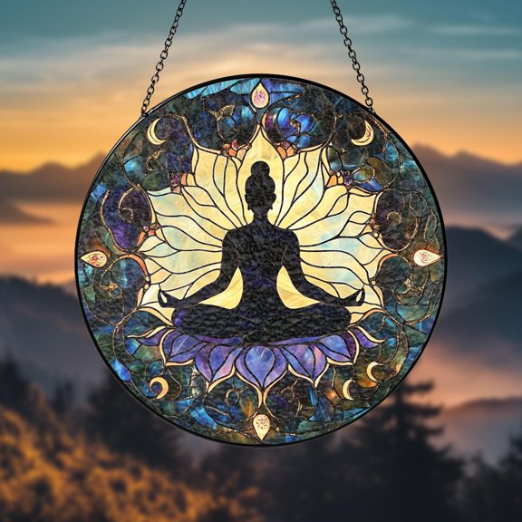 Meditation Stained Glass Suncatcher Spiritual Window Hanging, Mindfulness Home Decor, Gift for Relaxation and Tranquil Spaces