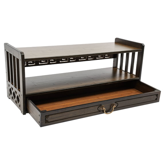 Meditation Storage Table, Carved Desktop Organizer with Drawer & Open Shelves, for Buddha Statue Meditation Tea Set Decor