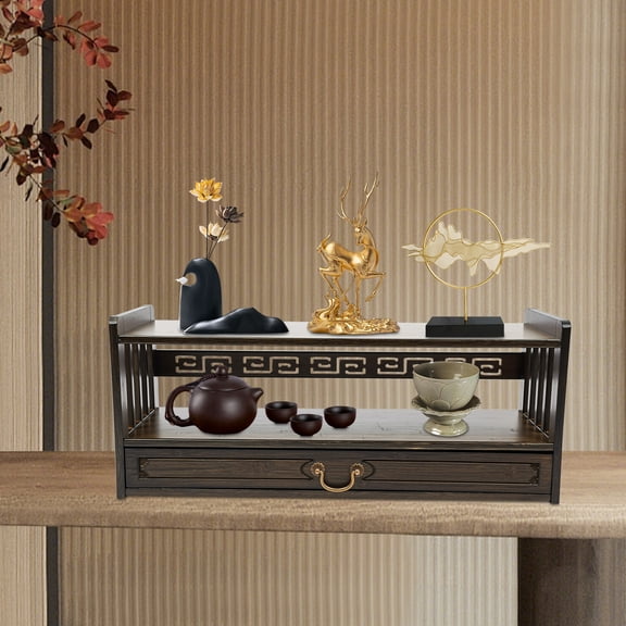 Meditation Storage Table, Carved Desktop Organizer with Drawer & Open Shelves, for Buddha Statue Meditation Tea Set Decor
