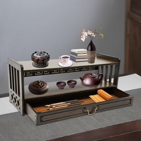 Meditation Table, Bamboo Altar Floor Tables for Spiritual with Drawer for Prayers, Bamboo Furniture for Displaying Plants and Books (Walnut Color, 27.2*9.8*11in)