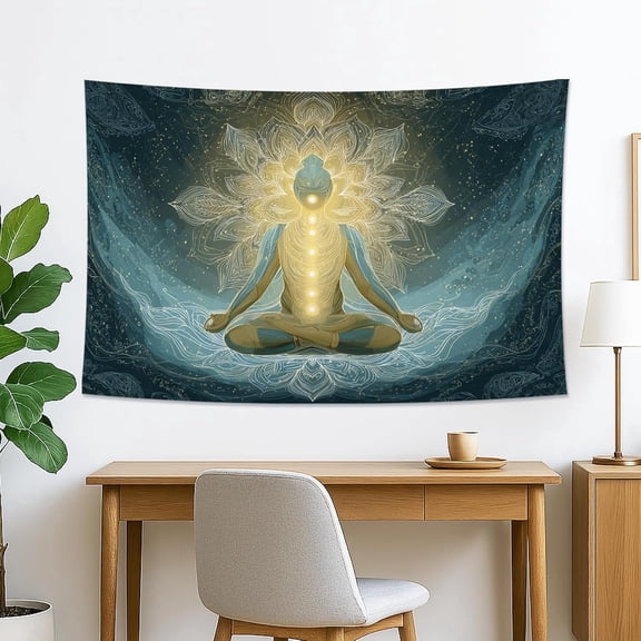 Meditation Tapestry Wall Hanging, Spiritual Chakra Bohemian Decorative Art for Bedroom, Living Room or Yoga Studio, 60 x 40 Inch, Blue