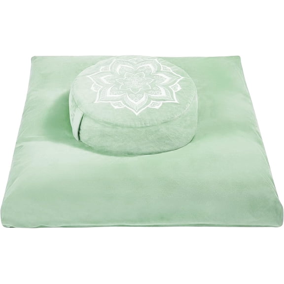 Meditation Zafu Cushion Set with Buckwheat Hulls & Memory - Support for Yoga & Sitting - Removable Machine-Washable Luxury Cover - for Adults and (Sage Green)