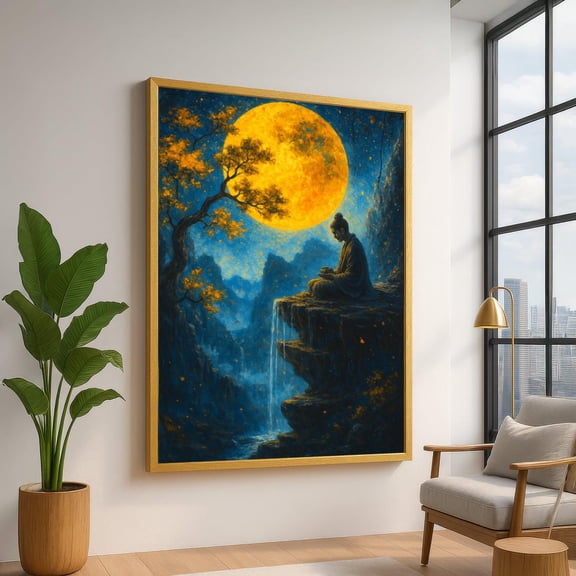 Meditative Buddha Silhouette With Full Moon Canvas, Tranquil Night Landscape Wall Art, Zen Meditation Decor, Waterfall And Autumn Tree, Stretched Canvas Size 8x12