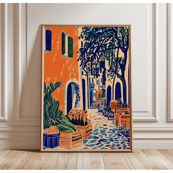 Mediterranean Alley Poster Italian Village Wall Art Orange Blue Market Print European Stre