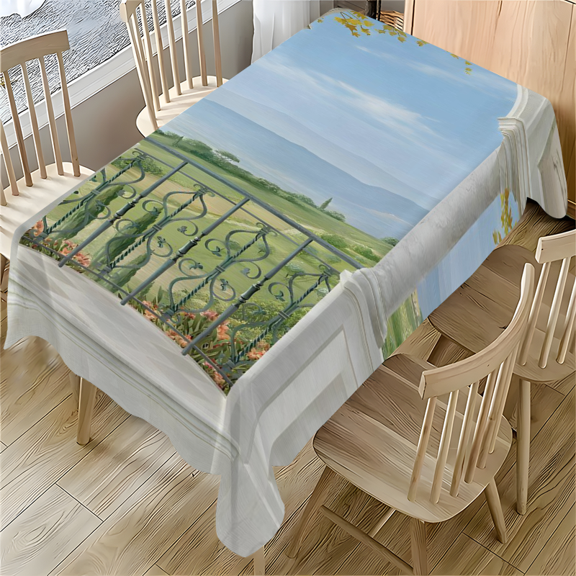Mediterranean Arch View Tablecloth 55x77.1 inches Polyester Dining Table Cover for Home Kitchen Decor Banquet Party Use