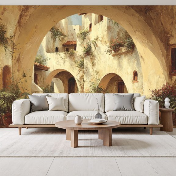 Mediterranean Archway European Courtyard Rustic Architecture Plants Peel and Stick Wall Murals 69"H x 96"W Removable PVC Wallpaper Self-Adhesive Wall Paintings for Bedroom Living Room