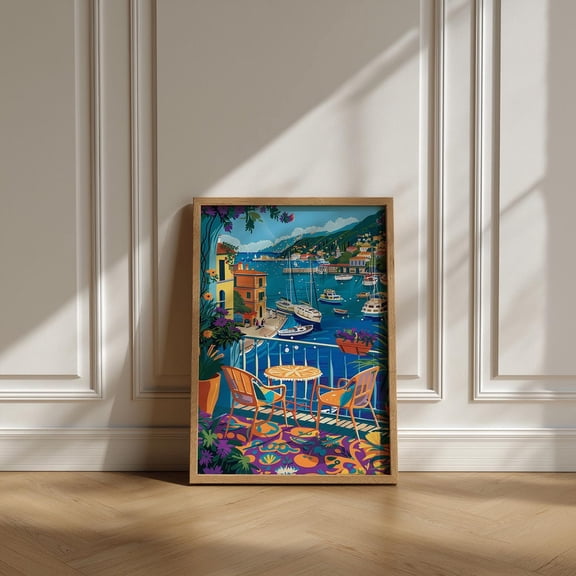 Mediterranean Balcony View Print Colorful Coastal Harbor Art Poster Wall Art For Decor Present , Poster Print Only