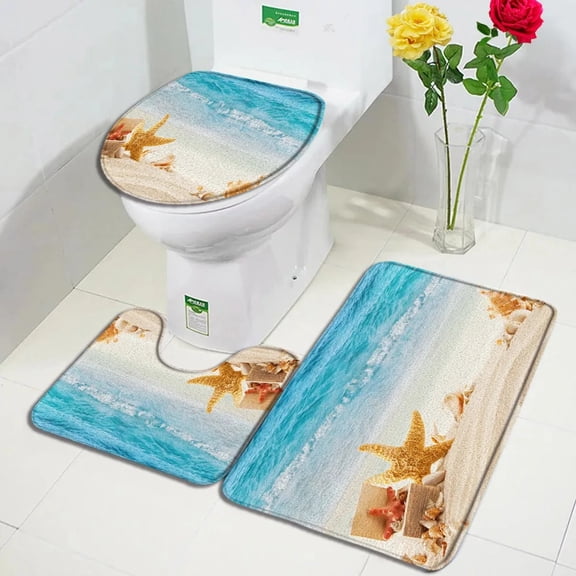 Mediterranean Bath Mat Set Blue Wooden Panel StarConch Beach Carpet Home Bathroom Decoration Non-slip Rugs Toilet Lid Cover