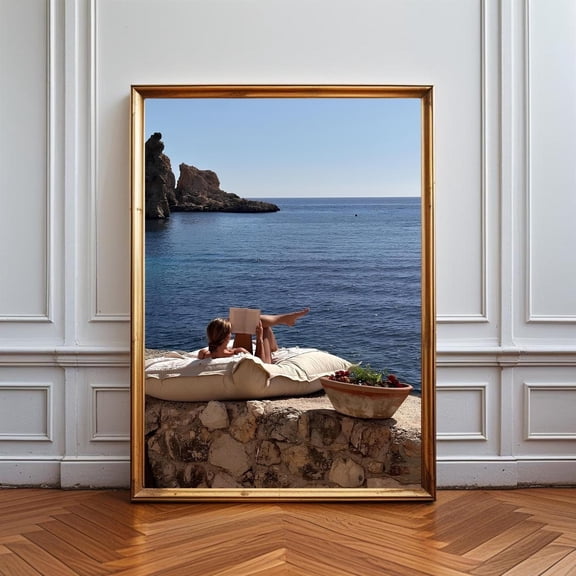 Mediterranean Beach Poster Print, Coastal Relaxation Wall Art, Ocean View Photography Minimalist Travel Decor Summer Artwork for Living Room , Poster Print Only