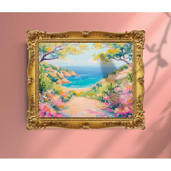 Mediterranean Beach Print - Coastal Villa Wall Art - Pastel Pink & Blue Seaside Decor - Over Bed And Over Couch Statement Piece Wall Art, Modern Wall Decor, 24x36 UNFRAMED