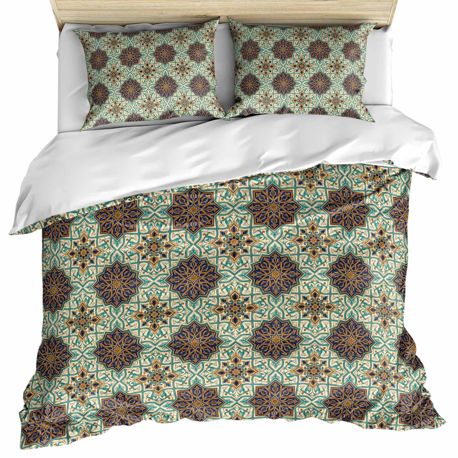 Mediterranean Bedding 3 Piece Duvet Cover Set Full Size, Vintage Morocco Abstract Pattern Brown Green Microfiber Comforter Cover with Zipper Closure & Pillowcases, Wrinkle & FadeResistant Quilt Cover