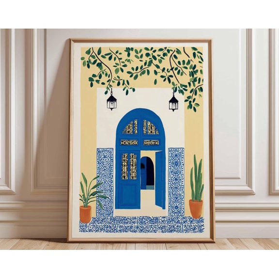 Mediterranean Blue Door Moroccan Tile Inspired Boho Travel Architecture Wall Art Print, Unframed Paper Poster 8x10in