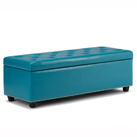 Mediterranean Blue Faux Leather Storage Ottoman Bench with Tufted Upholstery and Safety Hinge