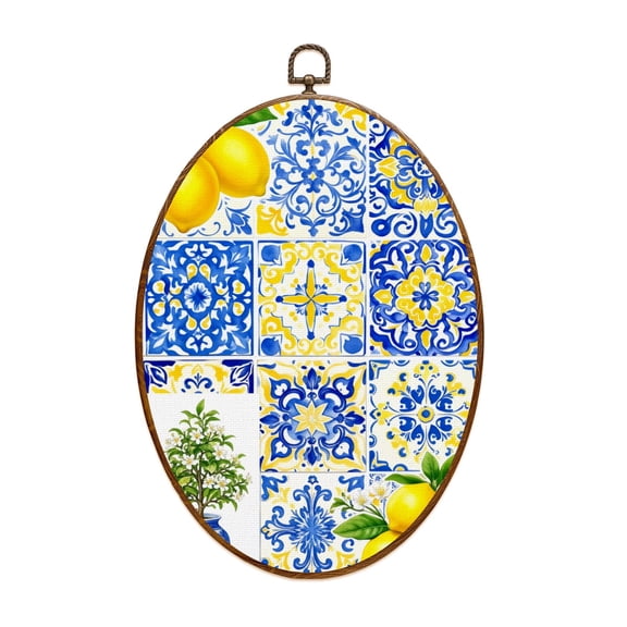 Mediterranean Canvas Wall Art Blue Yellow Mediterranean Tile Lemons Floral Designs Oval Framed Canvas Prints Vintage Wall Hanging Decor for Home Decorations 8.6"x11.4"
