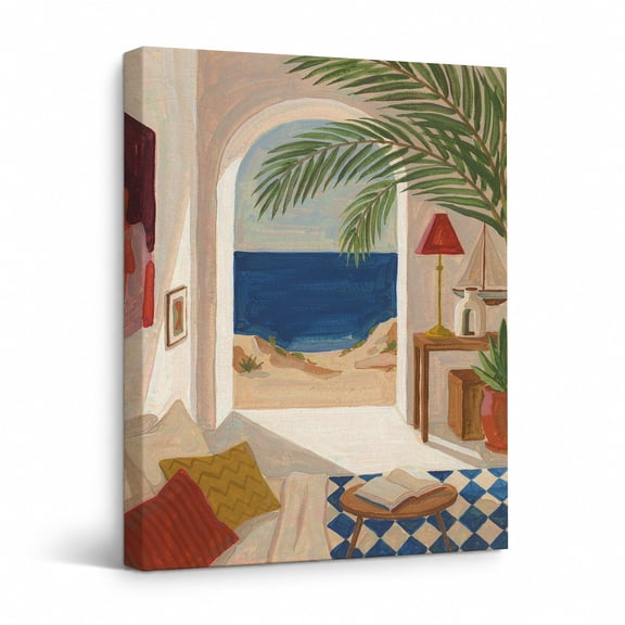 Mediterranean Canvas Wall Art, Coastal Interior Ocean View Painting, Colorful Tropical Beach Wall Decor for Living Room Bedroom Office 18"*24"