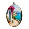 thumbnail image 1 of Mediterranean Canvas Wall Art Coastal Pathway Vibrant Bougainvillea Serene Sea View Oval Framed Canvas Prints Vintage Wall Hanging Decor for Home Decorations 8.6"x11.4", 1 of 7