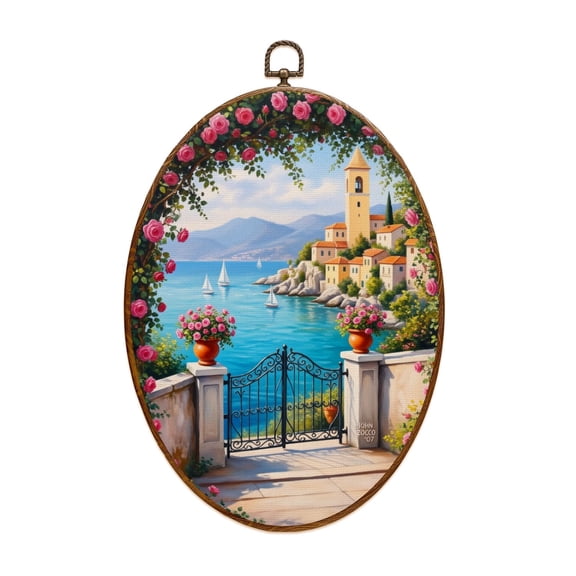 Mediterranean Canvas Wall Art Coastal Village Roses Sailboats Vibrant Seaside Landscape Oval Framed Canvas Prints Vintage Wall Hanging Decor for Home Decorations 8.6"x11.4"