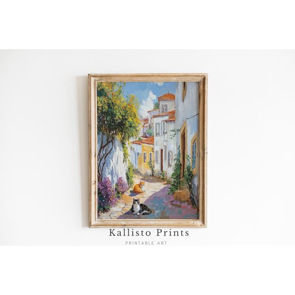 Mediterranean Cat Alleyway Art Print Poster Colorful Village Street, Sunlit Houses & Cats, European Wall Decor, Coastal Home Aesthetic, 1062, Size 24x36 UNFFRAMED F03.1.6l1938