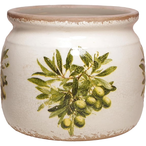 Mediterranean Ceramic Plant Pots with Olives Branches Pattern, 6 Inch Tuscan Planter for Indoor Plants, Rustic Farmhouse Home Kitchen Decor, Tuscan Vase for Centerpiece, Olive Green