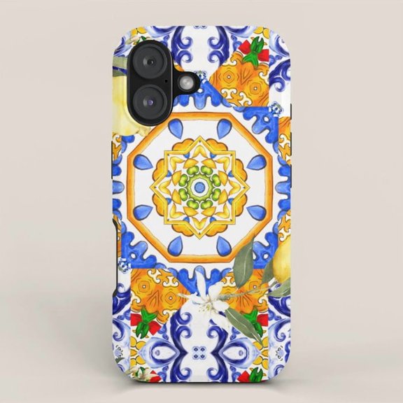 Mediterranean Ceramic Tile Lemon and Floral Tough Case for Apple iPhone, Polycarbonate and TPU