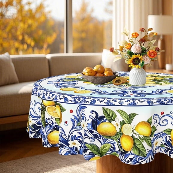Mediterranean Citrus Print Round Tablecloth, Summer Solstice Midsummer Decor, Versatile Cover for Country Kitchen Garden Party, Sizes 35/49/60/71 Inch