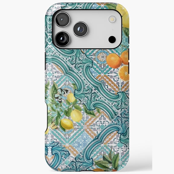 Mediterranean Citrus Tile for iPhone Case 11 through 17 Pro Max with Lemons Oranges Butterflies