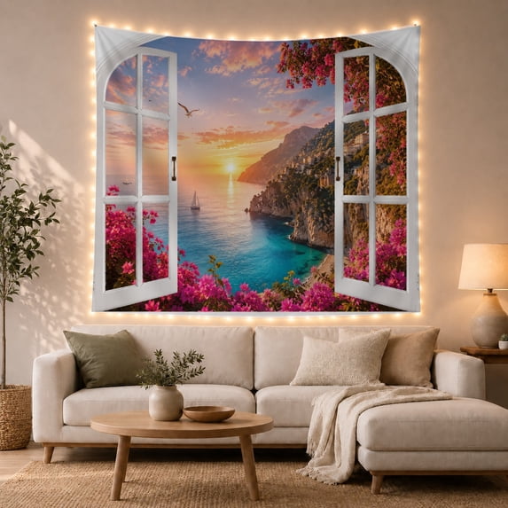 Mediterranean Coast Beyond an Arched Window at Sunset, Romantic Coastal for Beach Lovers, Seaside Wall Art, New Home Gift, Tapestry Wall Hanging for Living Room and Bedroom