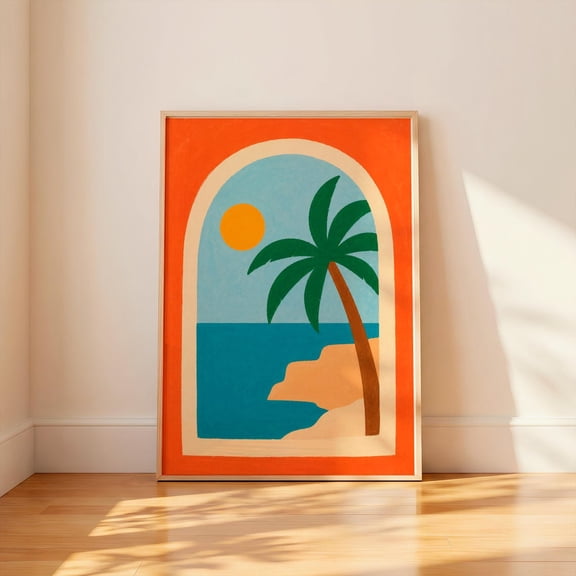 Mediterranean Coastal Arch Print Tropical Beach Wall Art Orange Coastal Modern Summer Decor Palm Tree Artwork, Unframed Paper Print