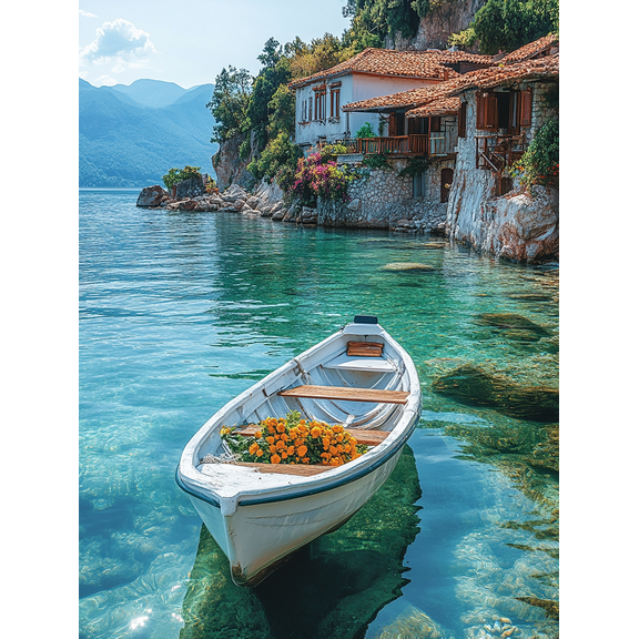 Mediterranean Coastal House Boat Canvas Wall ArtPerfect for Living RoomBedroomBathroomKitchenOffice Decor
