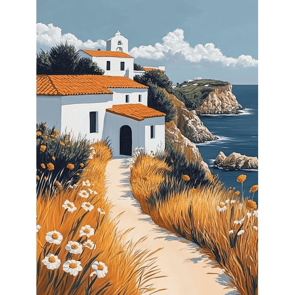 Mediterranean Coastal House Canvas Print/Wall Art Perfect for Living Room Bathroom Office and Hallway Decoration.
