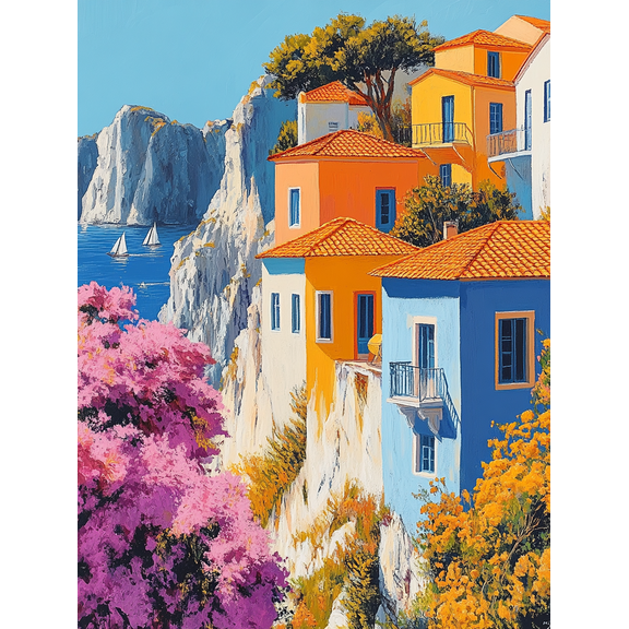 Mediterranean Coastal Houses Canvas Wall Art Perfect for Living Room Bedroom Dining Room Office and Hotel Decoration.