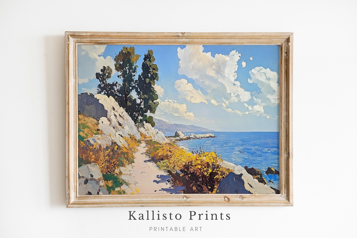 Mediterranean Coastal Landscape Print Poster, Ocean Cliffside , Beach ...