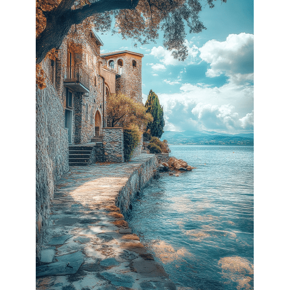 Mediterranean Coastal Stone House Canvas Print/Wall Art Suitable for Living RoomOffice Bathroom and Hallway Decoration.