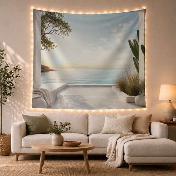 Mediterranean Coastal Terrace, Ocean & Palm Vistas, Serene Calming Minimalist for Beach Lovers, Coastal Home Decor Housewarming Gift Tapestry Wall Hanging for Bedroom, Living Room